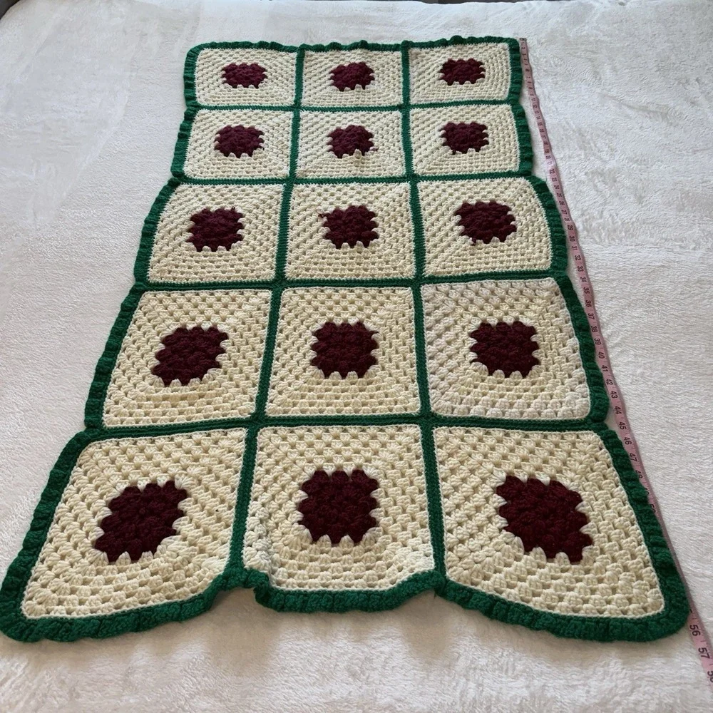 Hand Crocheted‎ Granny Rectangle Throw Afghan  Blanket 56 X 30 Red Green Ivory